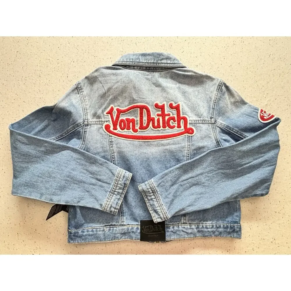 Von Dutch Originals Denim Jacket Mens Medium M Blue Full Zip Flying Eyeball Y2K